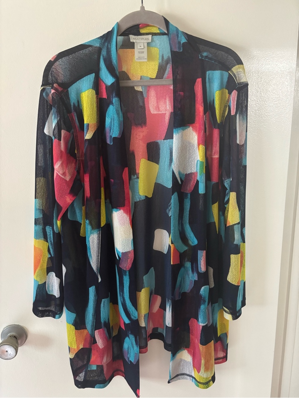 Multiples Sheer Open Cardigan in Blue, Yellow & Pink Brushstroke Print XL
